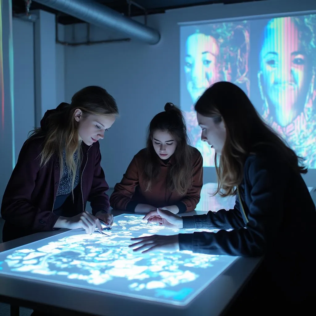 Estudiantes de diseño colaborando en estudio futurista